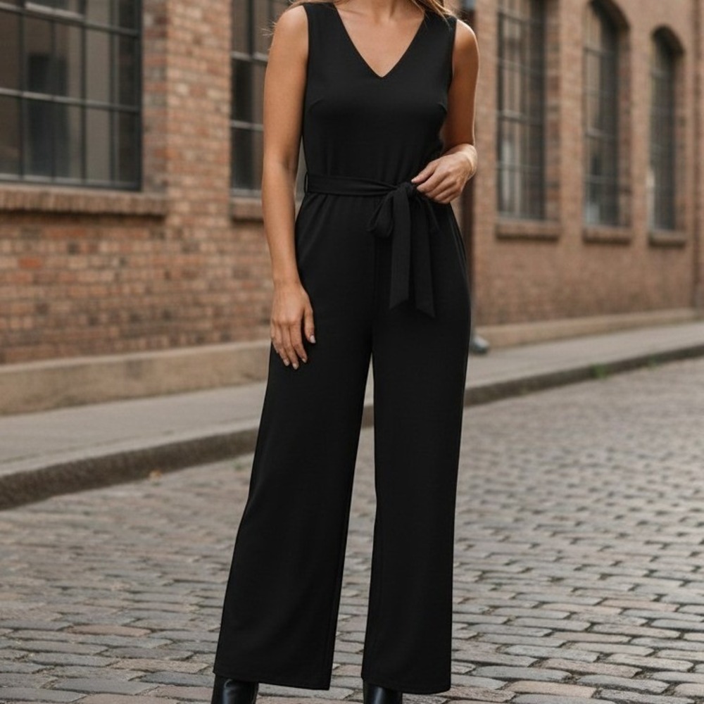 Calvin Klein Black V-Neck Sleeveless Wide Leg Belted Jumpsuit Size 6